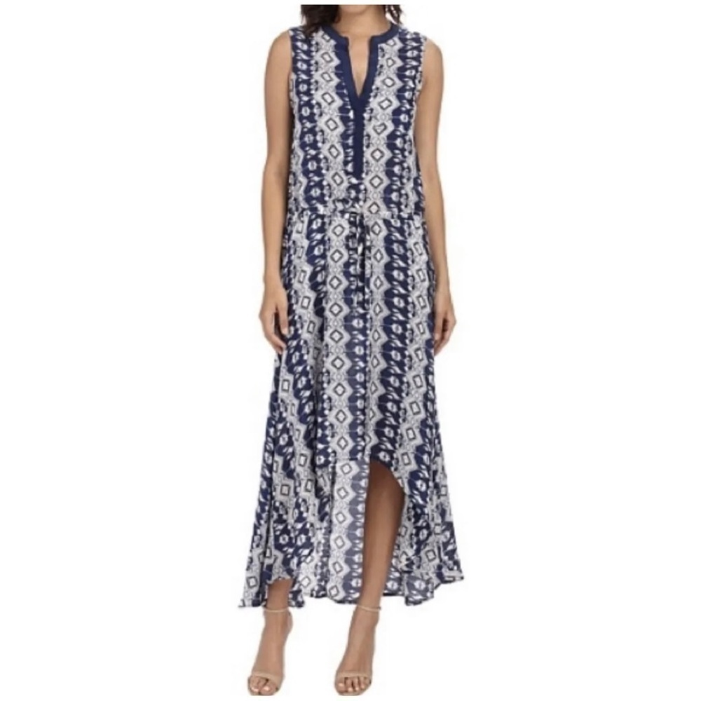 Tolani Sz S 100% Silk Blue High Low Maxi Dress Aztec Tribal Print Drawstring